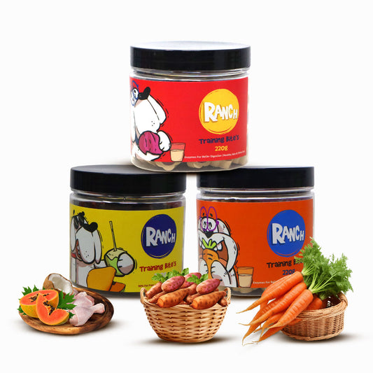 Waggy Zone x Ranch Dog Training Bites for Adults & Puppies, Dog Treat with Coconut Papaya & Chicken Flavour (200 gm), Goats Milk & Carrot Flavour (220 gm), Goats Milk & Sweet Potato Flavour (220 gm) (Combo Pack)