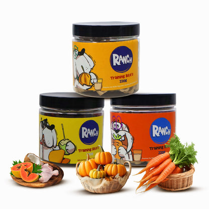 Waggy Zone x Ranch Dog Training Bites for Adults & Puppies, Dog Treat with Coconut Papaya & Chicken Flavour (200 gm), Goats Milk & Carrot Flavour (220 gm), Goats Milk & Pumpkin Flavour (220 gm) (Combo Pack)