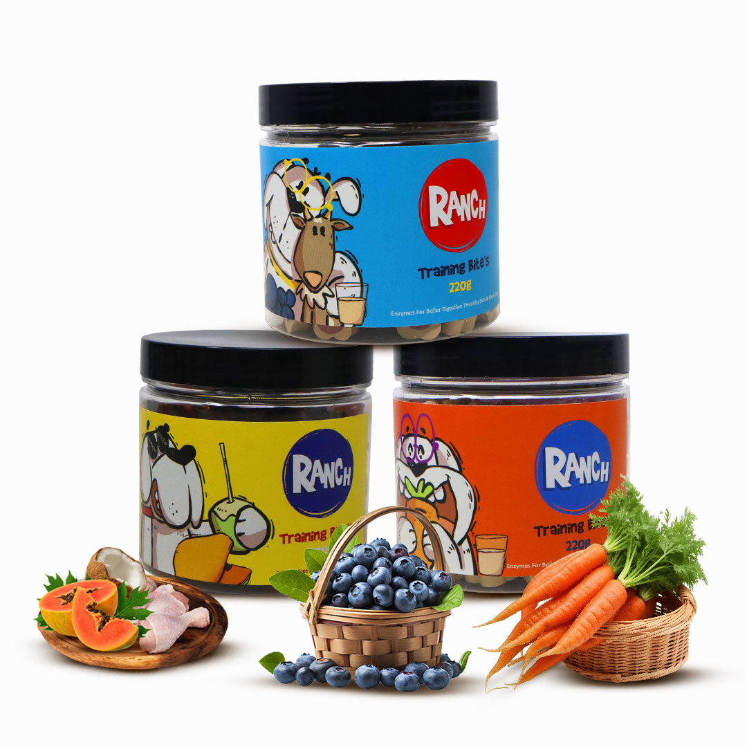 Waggy Zone x Ranch Dog Training Bites for Adults & Puppies, Dog Treat with Coconut Papaya & Chicken Flavour (200 gm), Goats Milk & Carrot Flavour (220 gm), Goats Milk & Bluberry Flavour (220 gm) (Combo Pack)