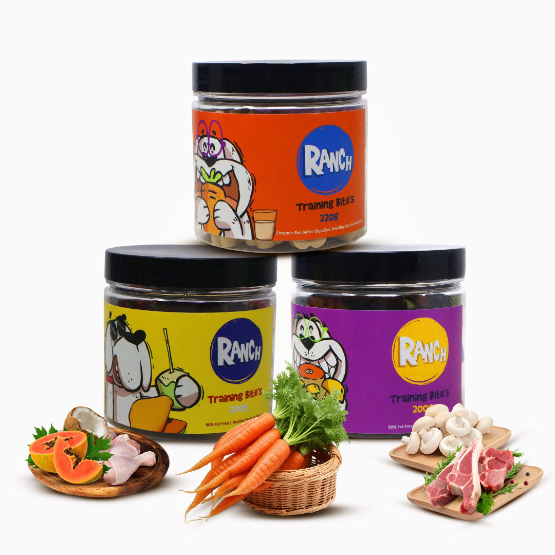 Waggy Zone x Ranch Dog Training Bites for Adults & Puppies, Dog Treat with Mushroom & Lamb Flavour (200 gm), Coconut Papaya & Chicken Flavour (200 gm), Goats Milk & Carrot Flavour (220 gm) (Combo Pack)