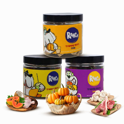 Waggy Zone x Ranch Dog Training Bites for Adults & Puppies, Dog Treat with Mushroom & Lamb Flavour (200 gm), Coconut Papaya & Chicken Flavour (200 gm), Goats Milk & Pumpkin Flavour (220 gm) (Combo Pack)