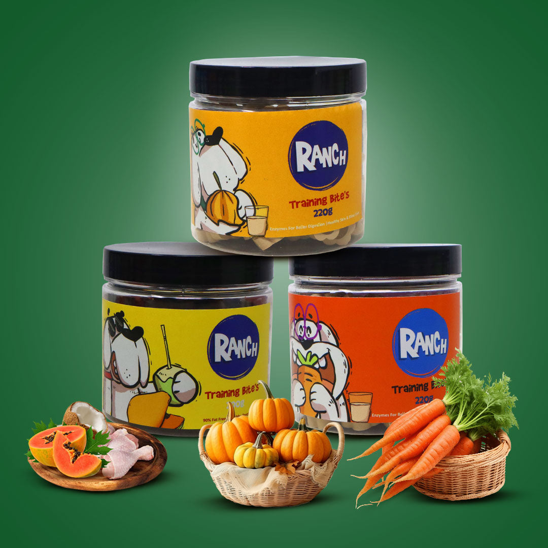 Waggy Zone x Ranch Dog Training Bites for Adults & Puppies, Dog Treat with Coconut Papaya & Chicken Flavour (200 gm), Goats Milk & Carrot Flavour (220 gm), Goats Milk & Pumpkin Flavour (220 gm) (Combo Pack)