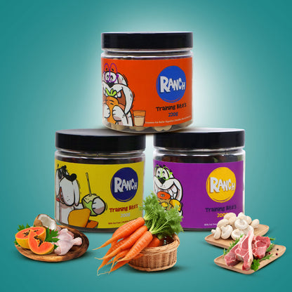 Waggy Zone x Ranch Dog Training Bites for Adults & Puppies, Dog Treat with Mushroom & Lamb Flavour (200 gm), Coconut Papaya & Chicken Flavour (200 gm), Goats Milk & Carrot Flavour (220 gm) (Combo Pack)