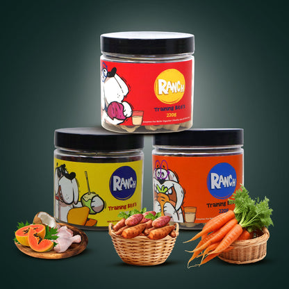 Waggy Zone x Ranch Dog Training Bites for Adults & Puppies, Dog Treat with Coconut Papaya & Chicken Flavour (200 gm), Goats Milk & Carrot Flavour (220 gm), Goats Milk & Sweet Potato Flavour (220 gm) (Combo Pack)