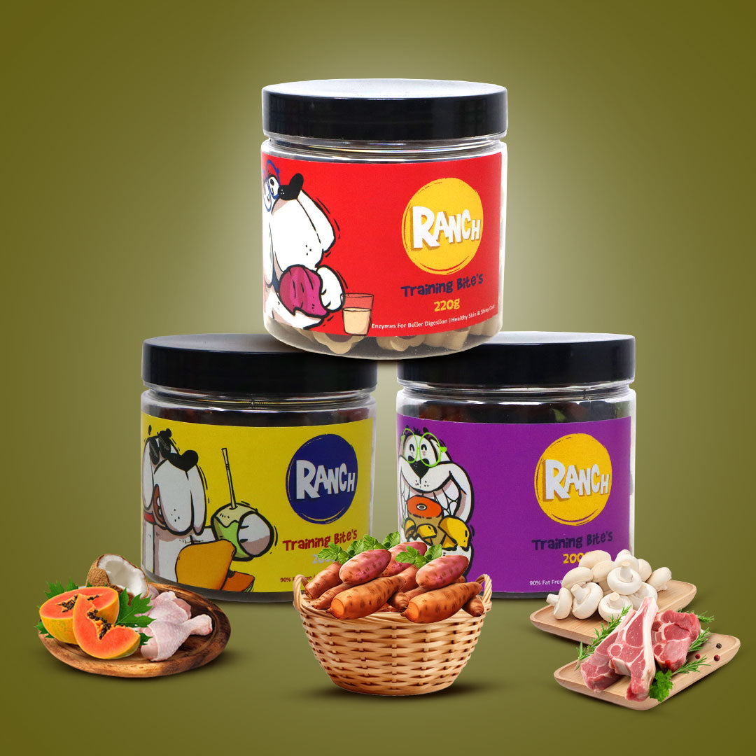 Waggy Zone x Ranch Dog Training Bites for Adults & Puppies, Dog Treat with Mushroom & Lamb Flavour (200 gm), Coconut Papaya & Chicken Flavour (200 gm), Goats Milk & Sweet Potato Flavour (220 gm) (Combo Pack)